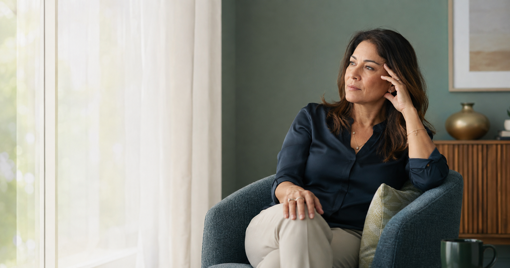 Mujer adulta reflexionando sobre su bienestar emocional